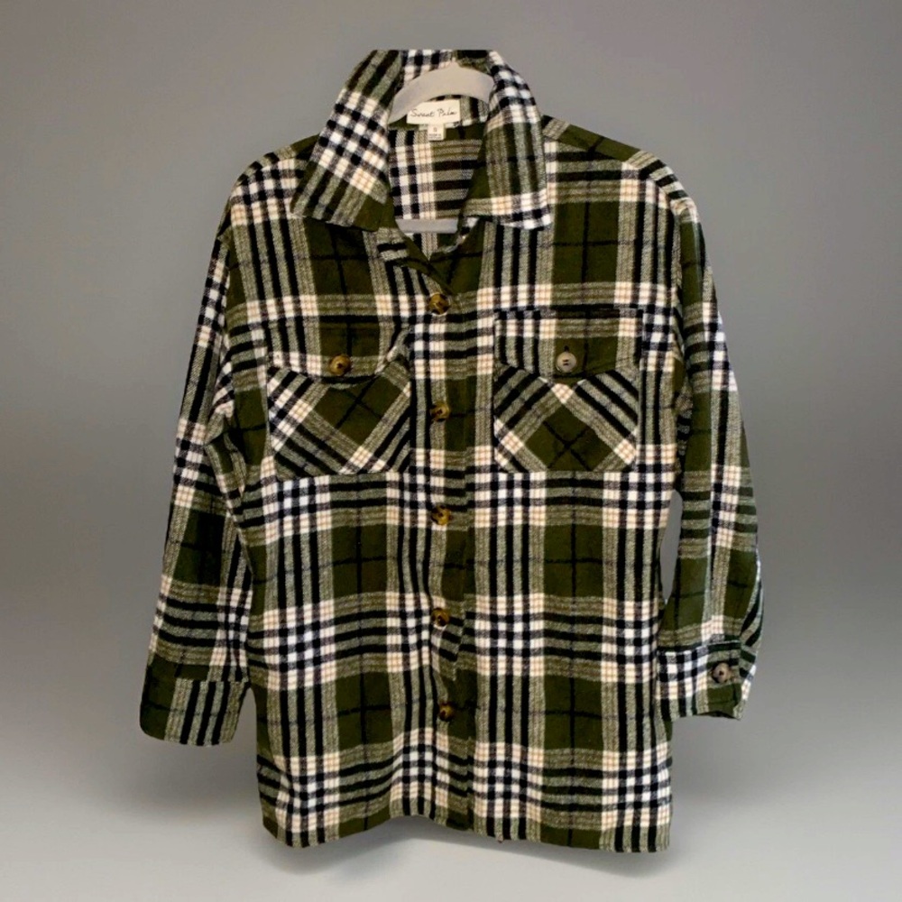 Sweet Palm Green Plaid Flannel Shacket Small Pockets‎